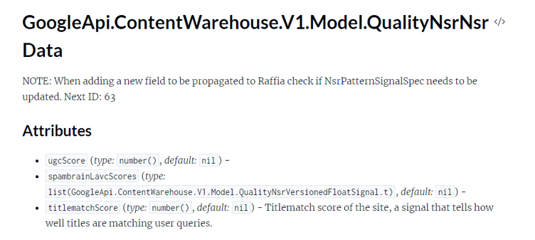 GoogleApi.ContentWarehouse.V1Data. Sisältää attribuutit ugcScore (number), spambrainLavcScores (list), ja titlematchScore (number), kuvaavat käyttäjien luoman sisällön pistemäärää, roskapostiarvioiden listaa ja sivuston otsikon vastaavuuspistemäärää.