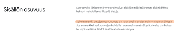Sisällön osuvuus. Tekstikappale selittää, että tietojen osuvuus määräytyy haettavien avainsanojen esiintymisestä sisällössä.