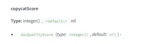 copycatScore parametri. Integer-tyyppi, joka sisältää docQualityScore alaparamentrin, määritellen dokumentin laadun.