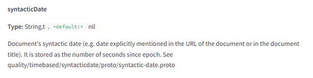 syntacticDate parametri. String-tyyppi, joka tallentaa dokumentin syntaktisen päivämäärän (esim. URL mainitun päivämäärän) sekunteina epookista.