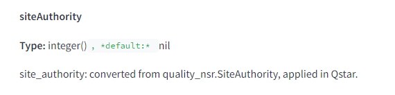 siteAuthority parametri. Integer-tyyppi, joka muunnetaan quality_nsr.SiteAuthority arvosta ja käytetään Qstarissa.