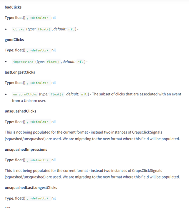 Clicks API parametrit, kuten badClicks, goodClicks, lastLongestClicks ja unsquashedClicks. Ne ovat kaikki float-tyyppisiä ja niissä määritellään eri klikkaustyypit ja niiden määrät.