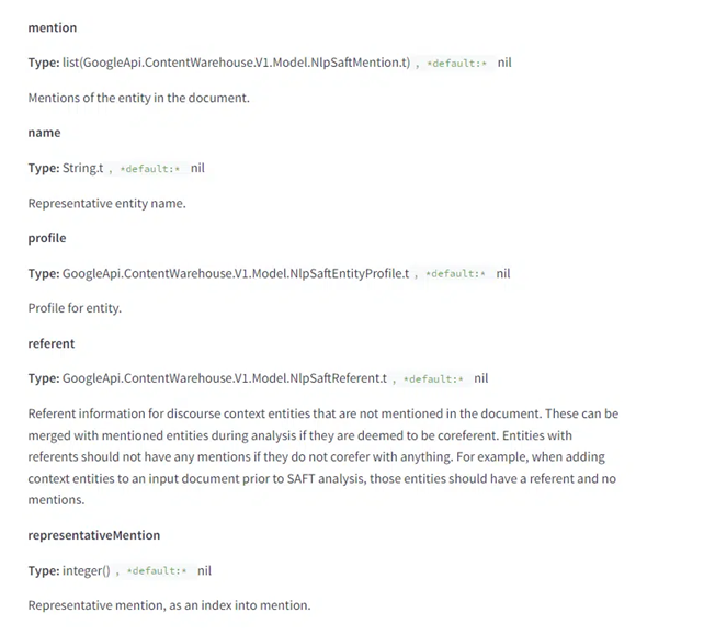 mention, name, profile ja referent parametrit. Ne kuvaavat dokumentissa mainittuja entiteettejä ja niiden profiileja.