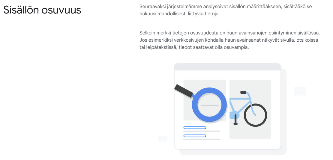 Näyttökuva Googlen omista resursseista, joka kertoo avainsanojen tärkeydestä kohdesivulla
